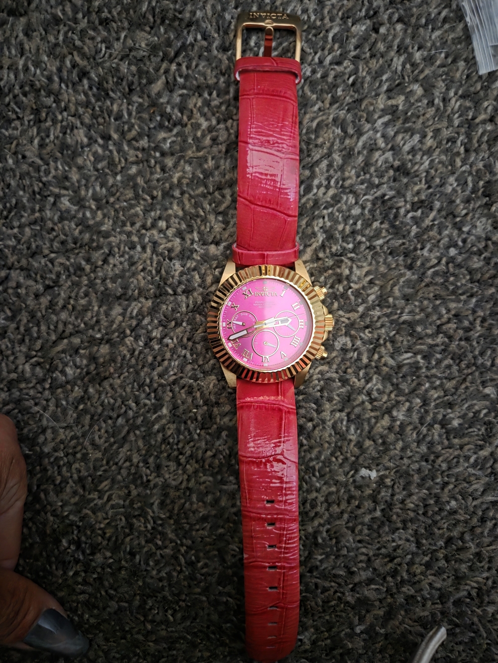 Invicta Gold-Tone Watch with Pink Dial and Red Strap